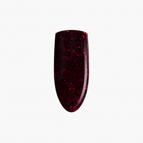 The shade of the hybrid varnish is black broken up with burgundy combined with a sea of fine glitter in dark red.