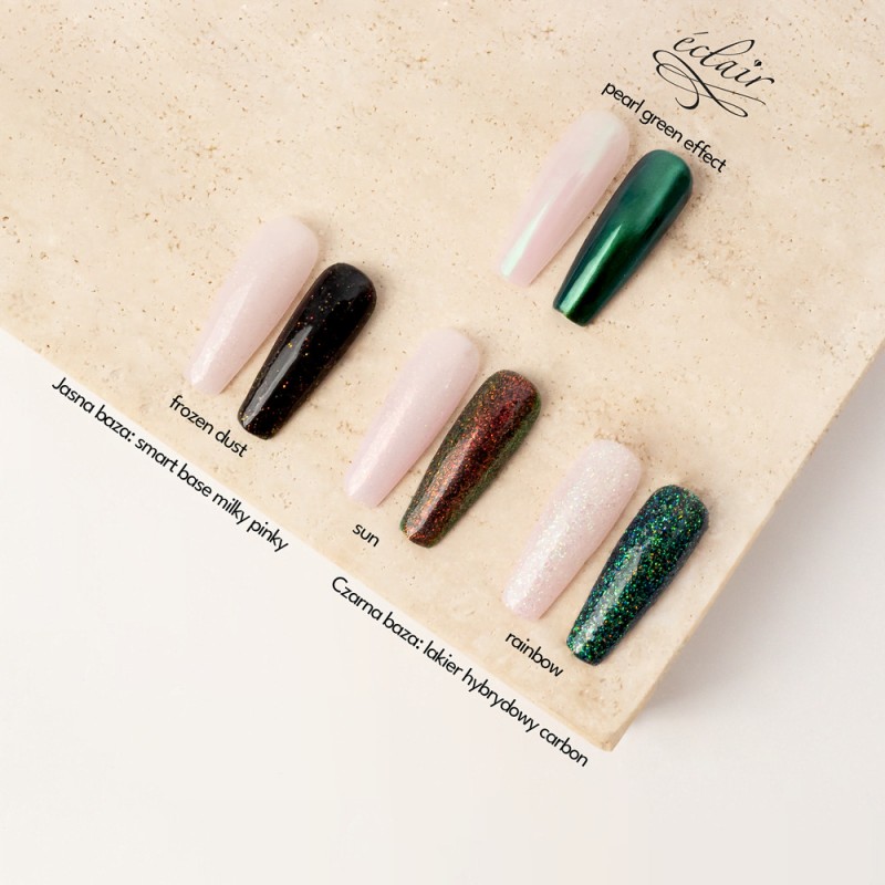 porównanie efektu pyłków do paznokci na tipsach - Frozen, Sun, Rainbow, Pearl Green Eclair Nail